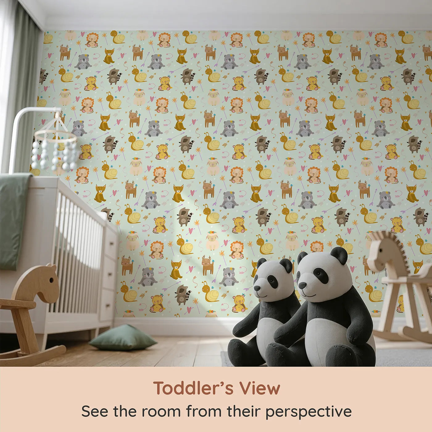 Whimsy Tots Magic Meadow Friends Wallpaper in Mint Green (W3173D) from your child's view.Playful animals explore a world of hearts, arrows, and fairy wands.