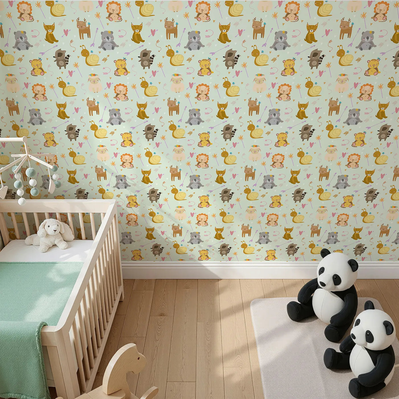 Top-Down view of Whimsy Tots' Magic Meadow Friends Wallpaper in Mint Green (W3173D).Playful animals explore a world of hearts, arrows, and fairy wands.