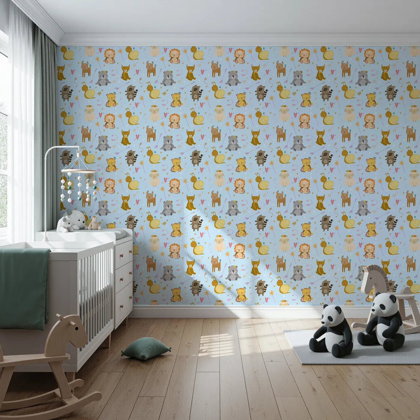 Front view of Whimsy Tots' Magic Meadow Friends Wallpaper in Blue