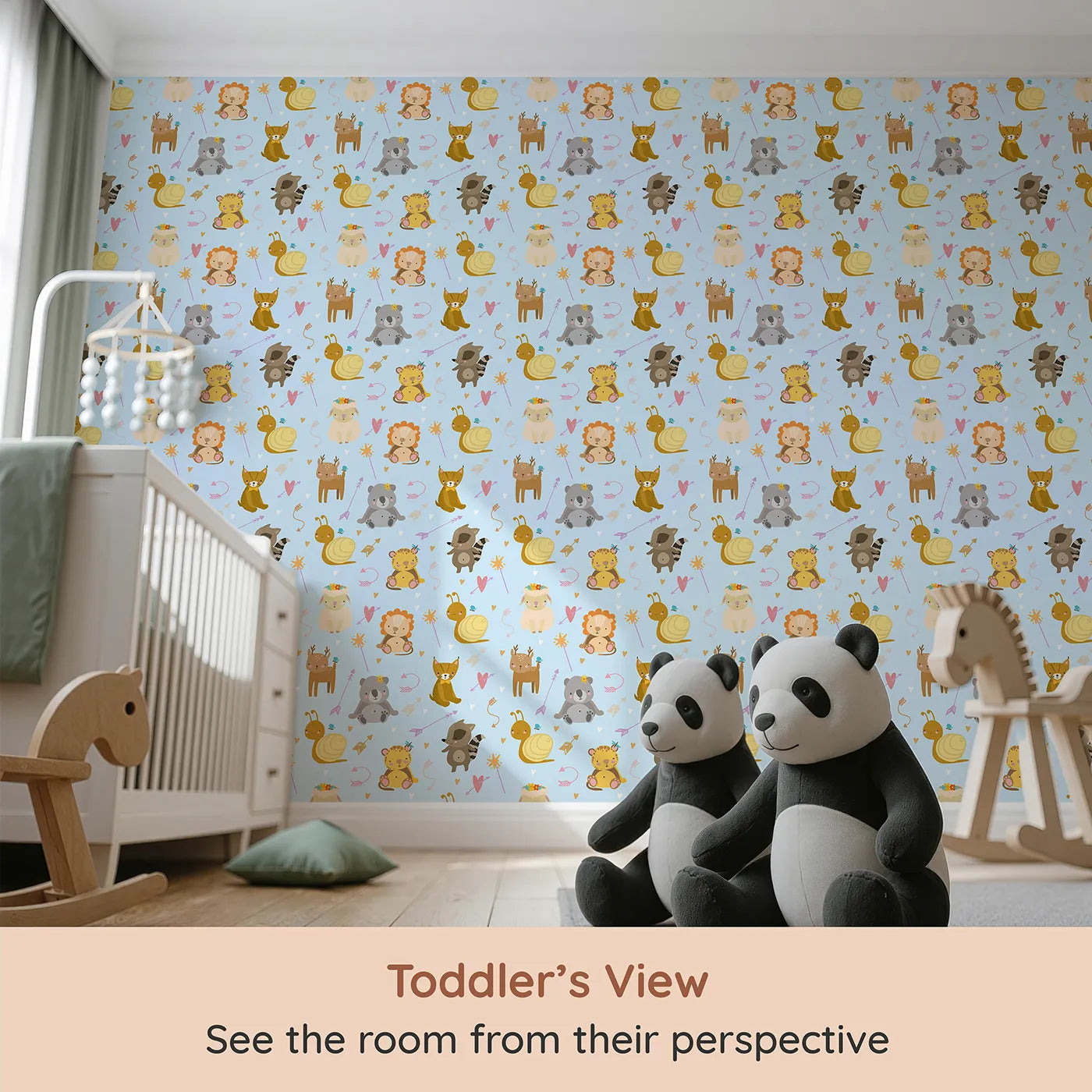 Whimsy Tots Magic Meadow Friends Wallpaper in Blue (W3173E) from your child's view.Sweet animal friends share giggles and gentle magic across soft skies.