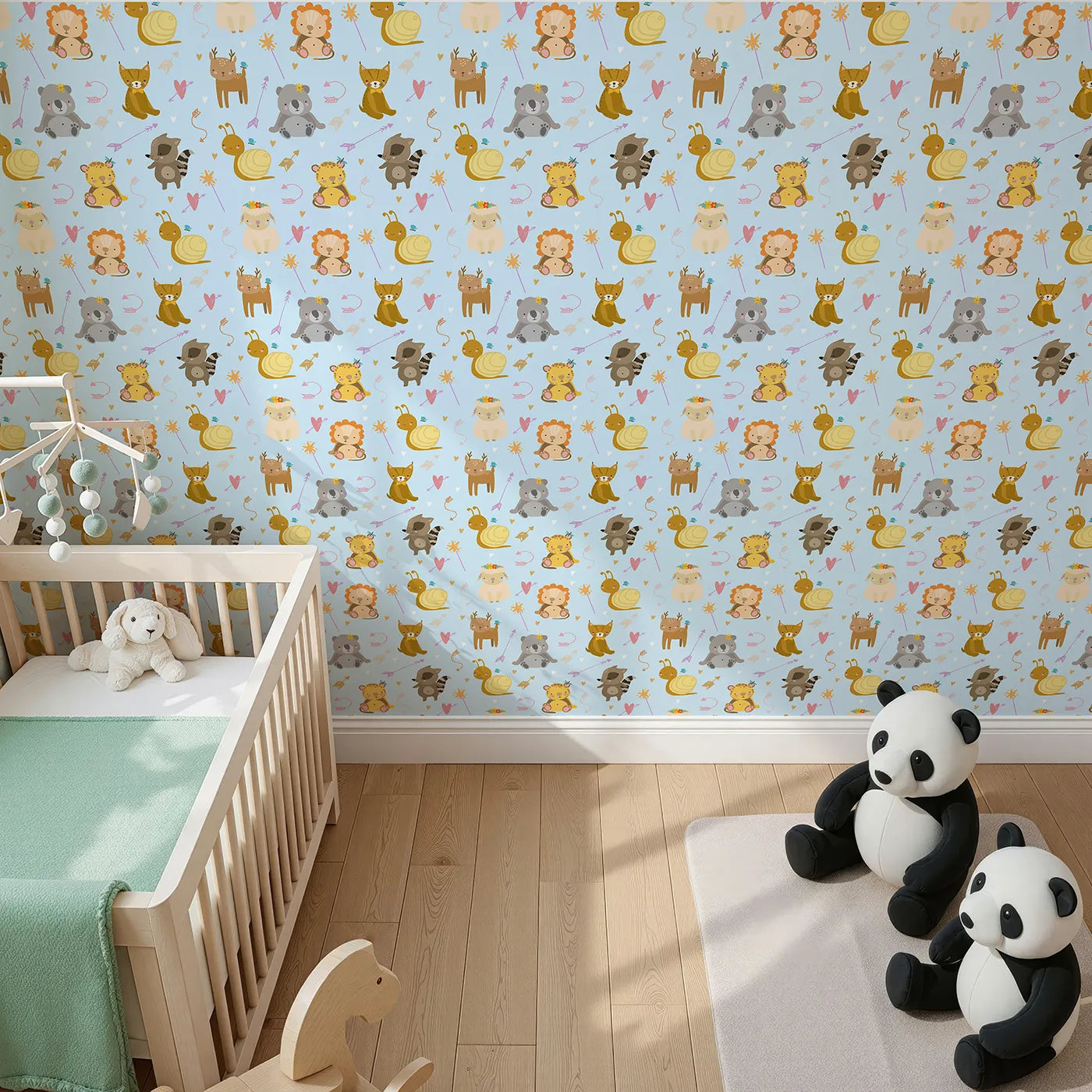 Top-Down view of Whimsy Tots' Magic Meadow Friends Wallpaper in Blue (W3173E).Sweet animal friends share giggles and gentle magic across soft skies.