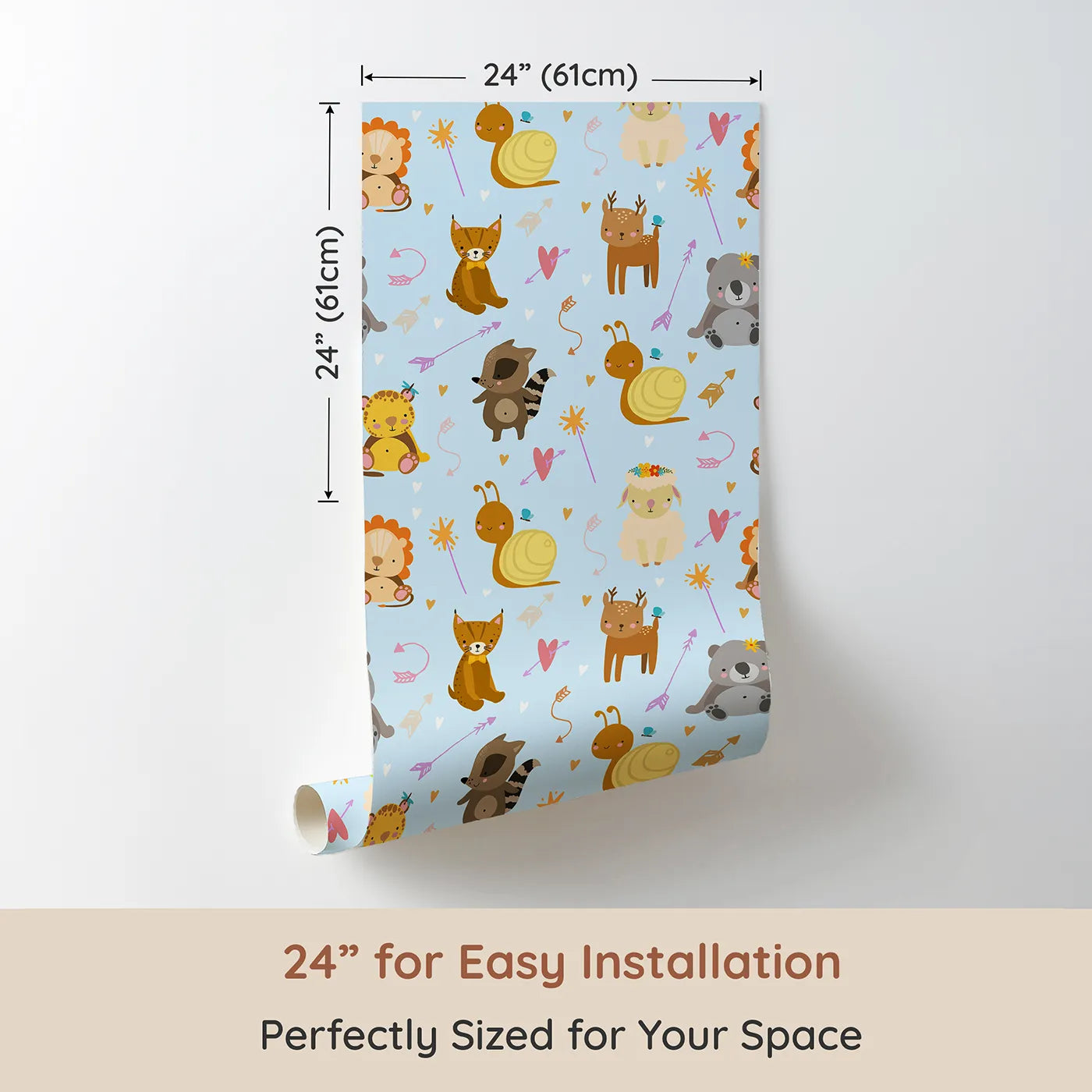 Dimension view of Whimsy Tots Magic Meadow Friends Wallpaper in Blue (W3173E). Printed in 24-inch-wide panel for easy installation. Sweet animal friends share giggles and gentle magic across soft skies.