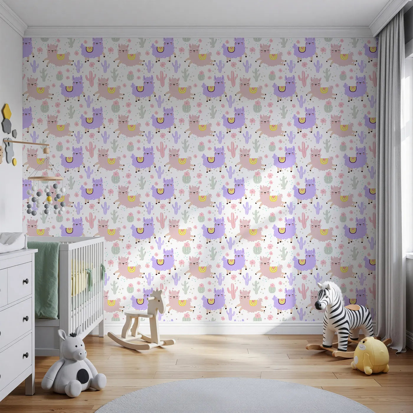 Front view of Whimsy Tots' Bouncing Llama Fiesta Wallpaper in White