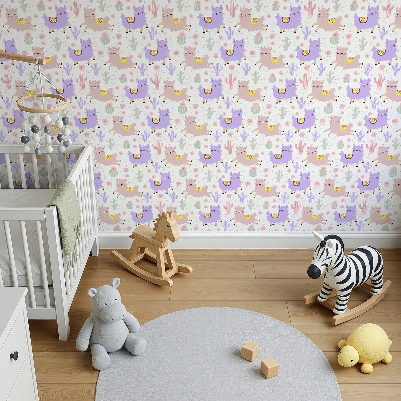 Top-Down view of Whimsy Tots' Bouncing Llama Fiesta Wallpaper in White (W3174A).Smiling llamas and playful cactus pals fill the air with fiesta fun.