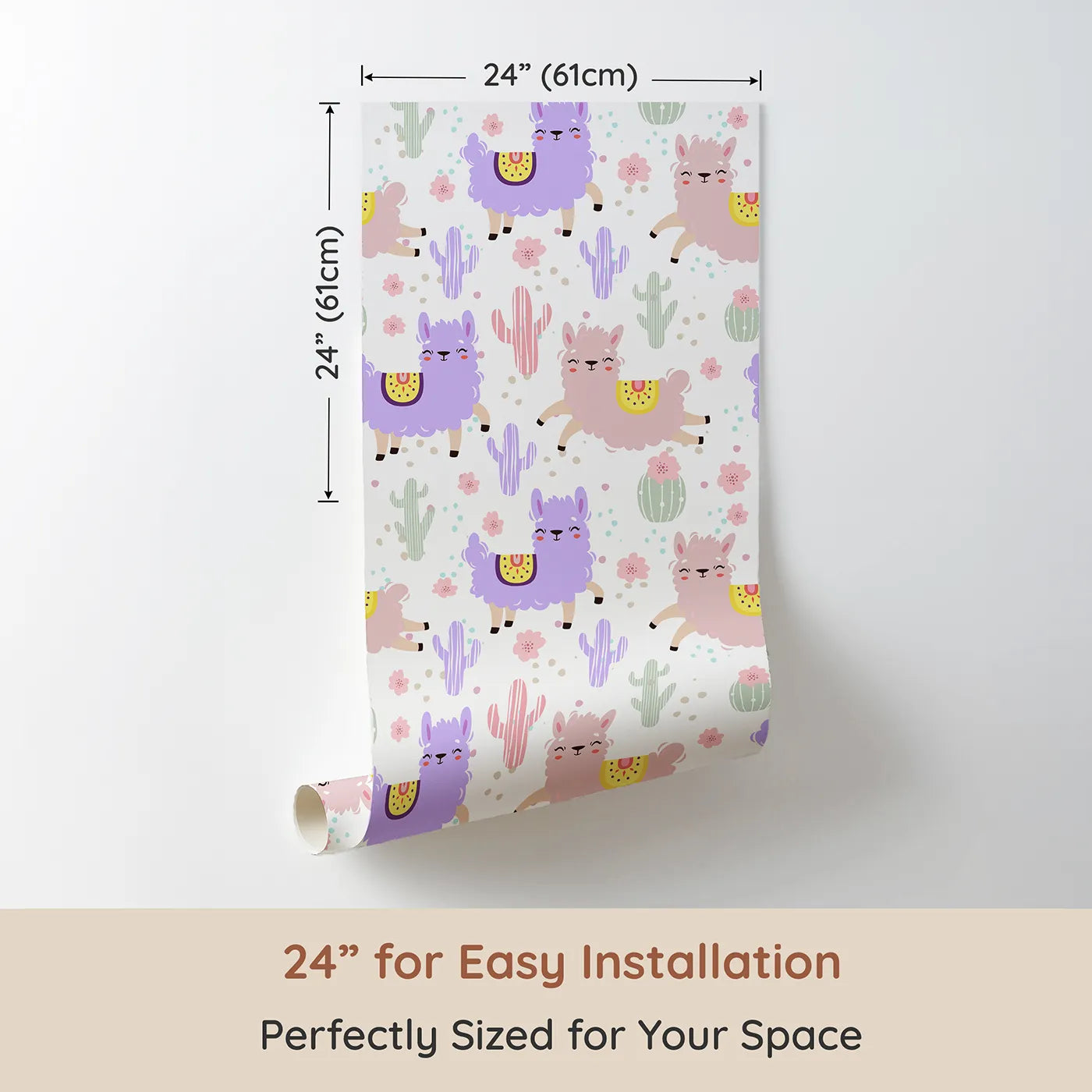 Dimension view of Whimsy Tots Bouncing Llama Fiesta Wallpaper in White (W3174A). Printed in 24-inch-wide panel for easy installation. Smiling llamas and playful cactus pals fill the air with fiesta fun.