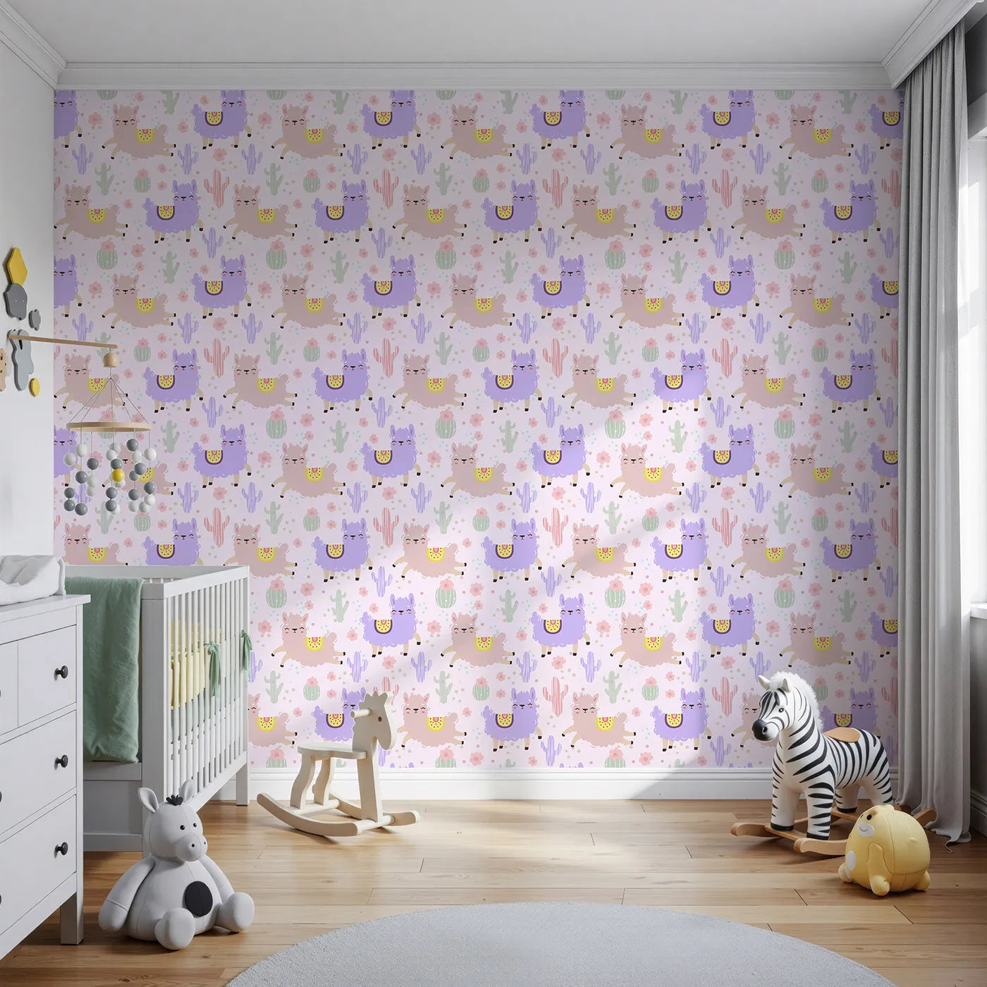 Front view of Whimsy Tots' Bouncing Llama Fiesta Wallpaper in Pink Blush