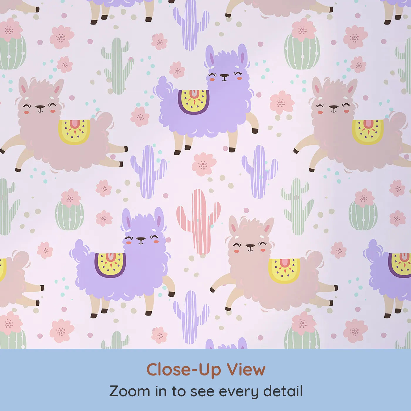 Close-up view of Whimsy Tots' Bouncing Llama Fiesta Wallpaper in Pink Blush (W3174B).Smiling llamas and playful cactus pals fill the air with fiesta fun.