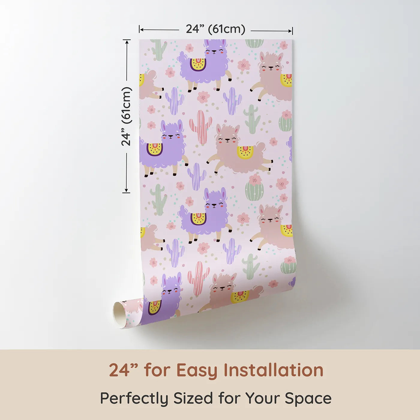 Dimension view of Whimsy Tots Bouncing Llama Fiesta Wallpaper in Pink Blush (W3174B). Printed in 24-inch-wide panel for easy installation. Smiling llamas and playful cactus pals fill the air with fiesta fun.
