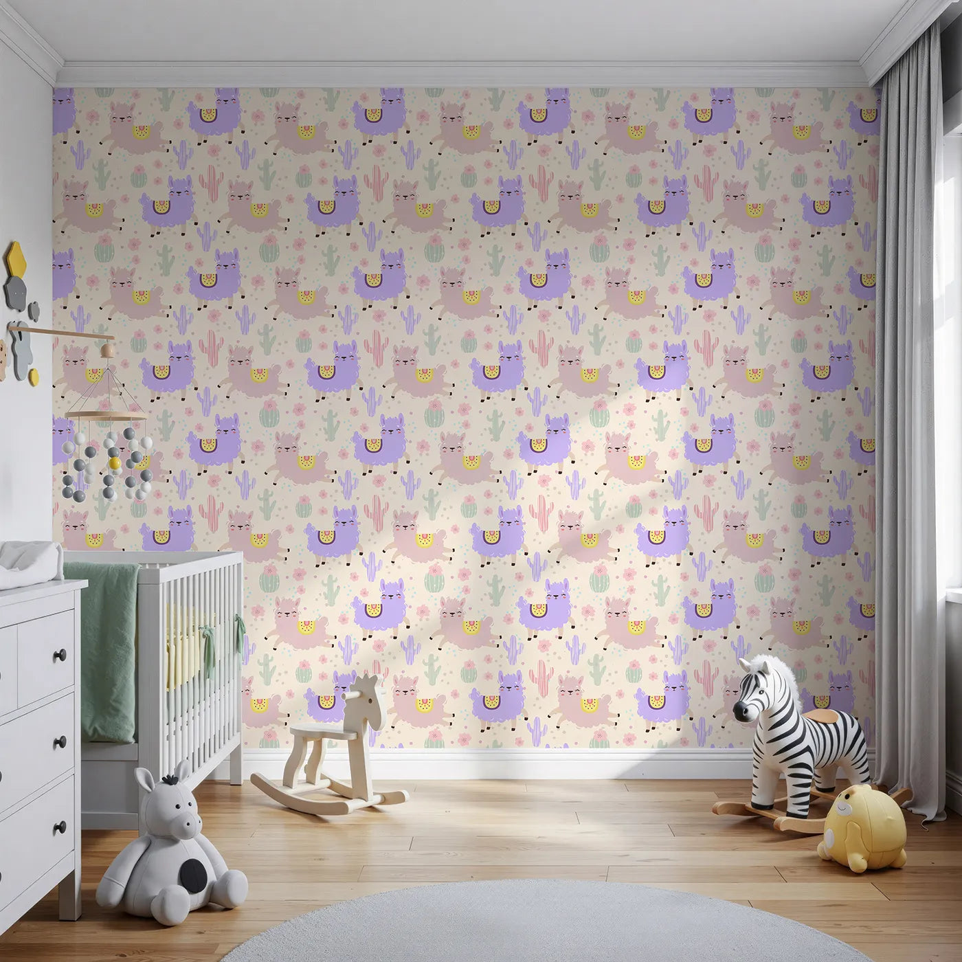 Front view of Whimsy Tots' Bouncing Llama Fiesta Wallpaper in Cream