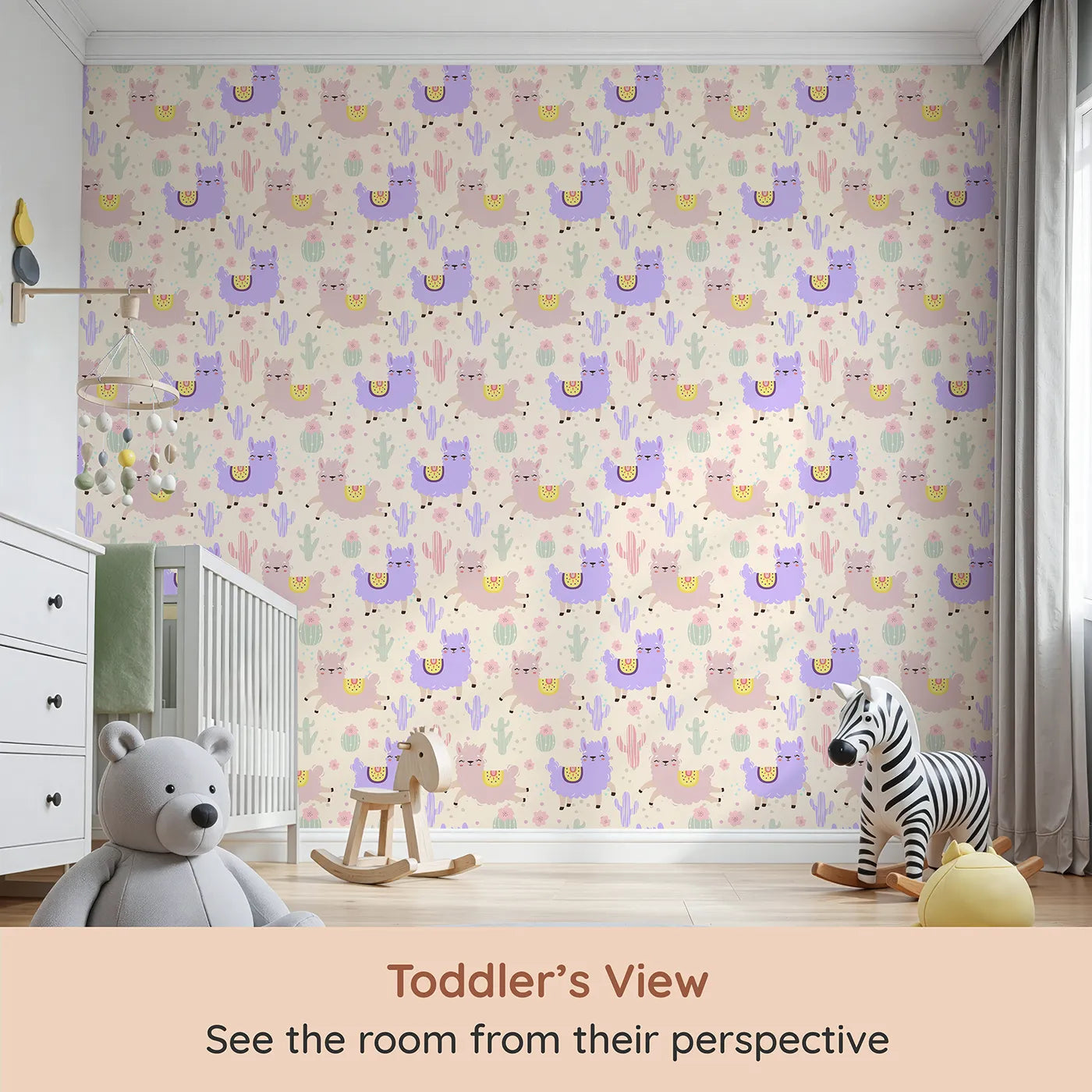 Whimsy Tots Bouncing Llama Fiesta Wallpaper in Cream (W3174C) from your child's view.Smiling llamas and playful cactus pals fill the air with fiesta fun.