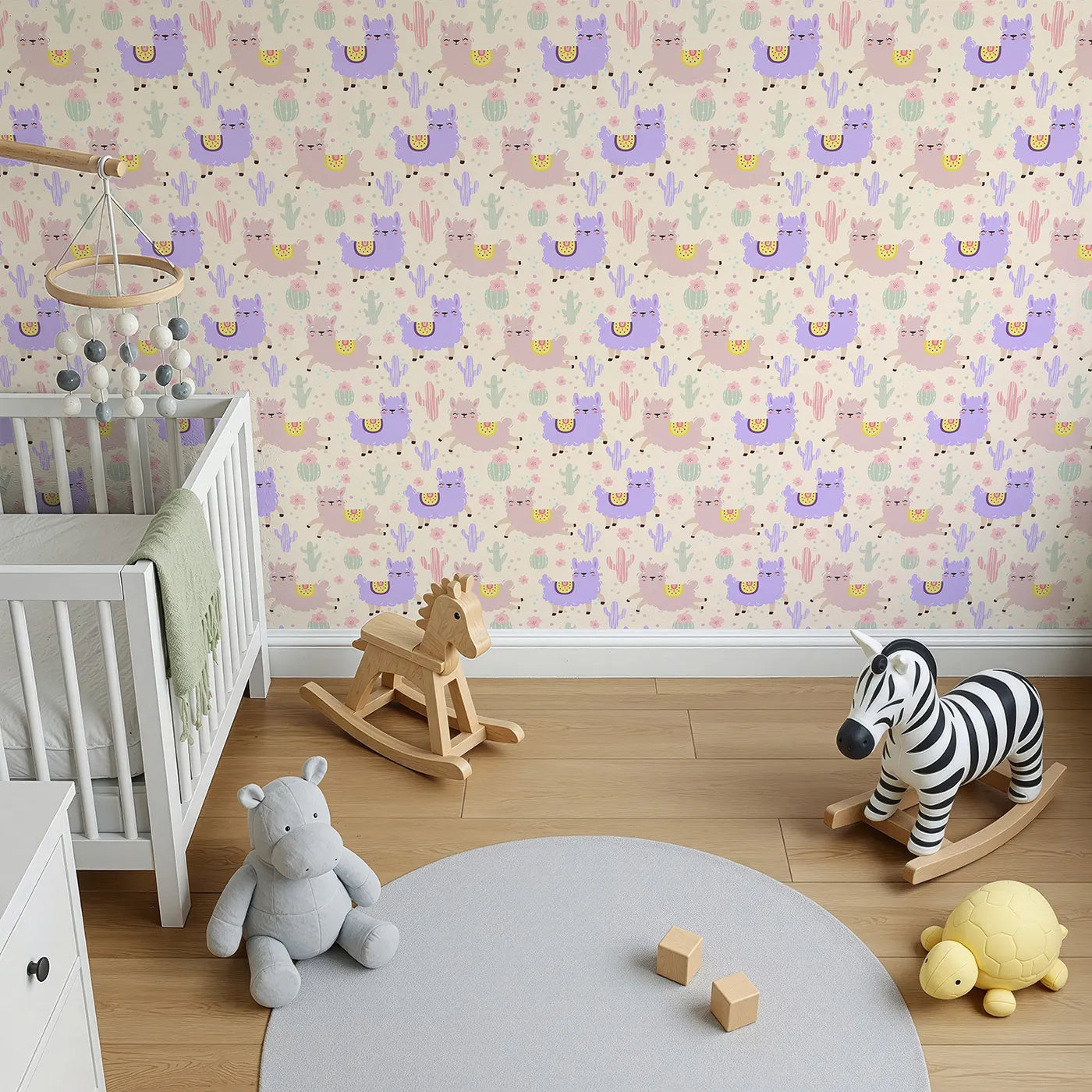 Top-Down view of Whimsy Tots' Bouncing Llama Fiesta Wallpaper in Cream (W3174C).Smiling llamas and playful cactus pals fill the air with fiesta fun.