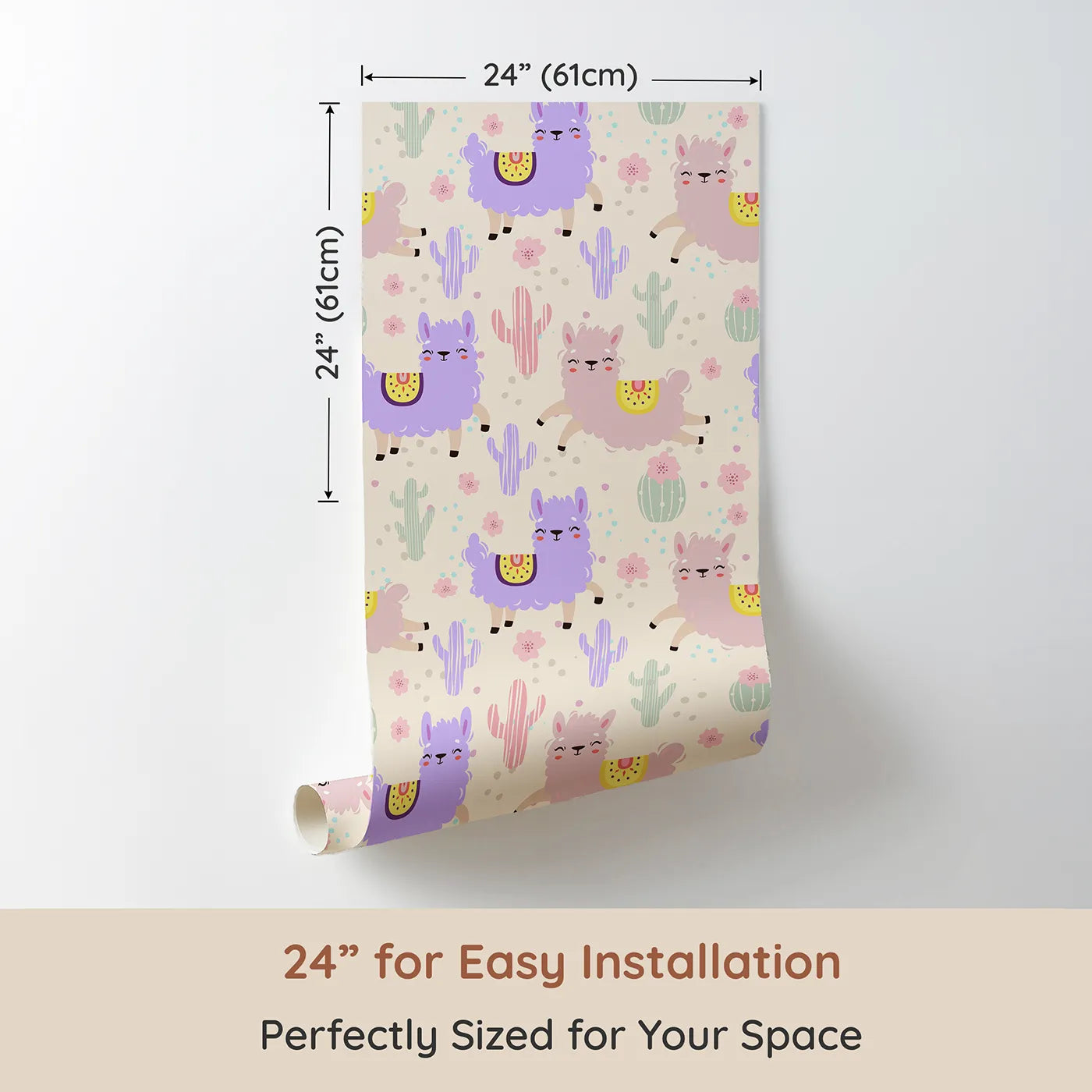 Dimension view of Whimsy Tots Bouncing Llama Fiesta Wallpaper in Cream (W3174C). Printed in 24-inch-wide panel for easy installation. Smiling llamas and playful cactus pals fill the air with fiesta fun.