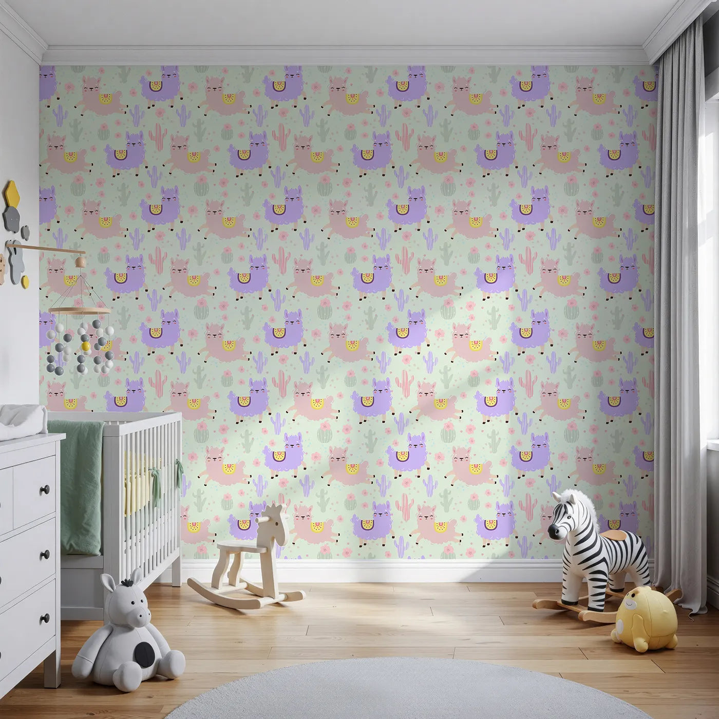 Front view of Whimsy Tots' Bouncing Llama Fiesta Wallpaper in Mint Green