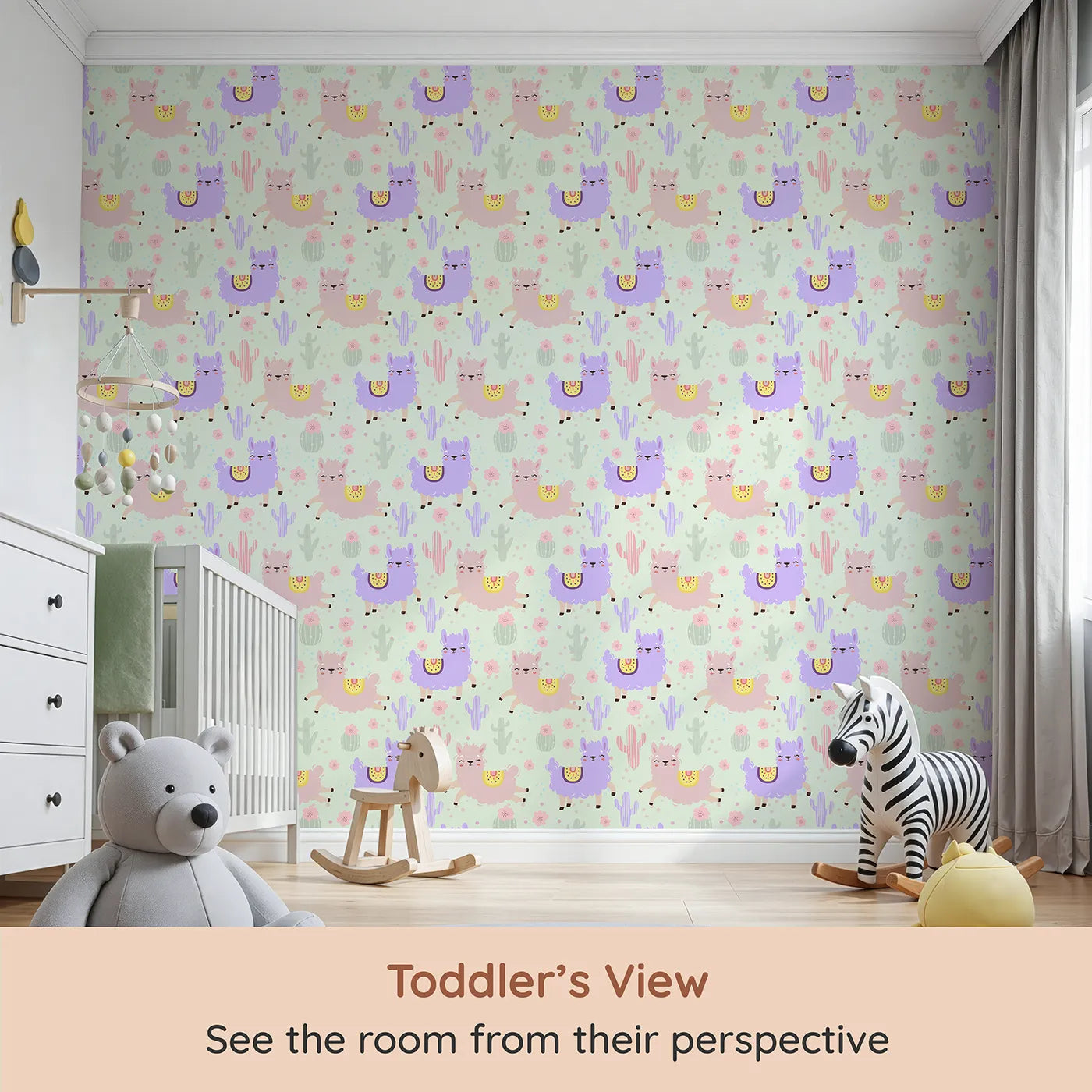 Whimsy Tots Bouncing Llama Fiesta Wallpaper in Mint Green (W3174D) from your child's view.Smiling llamas and playful cactus pals fill the air with fiesta fun.