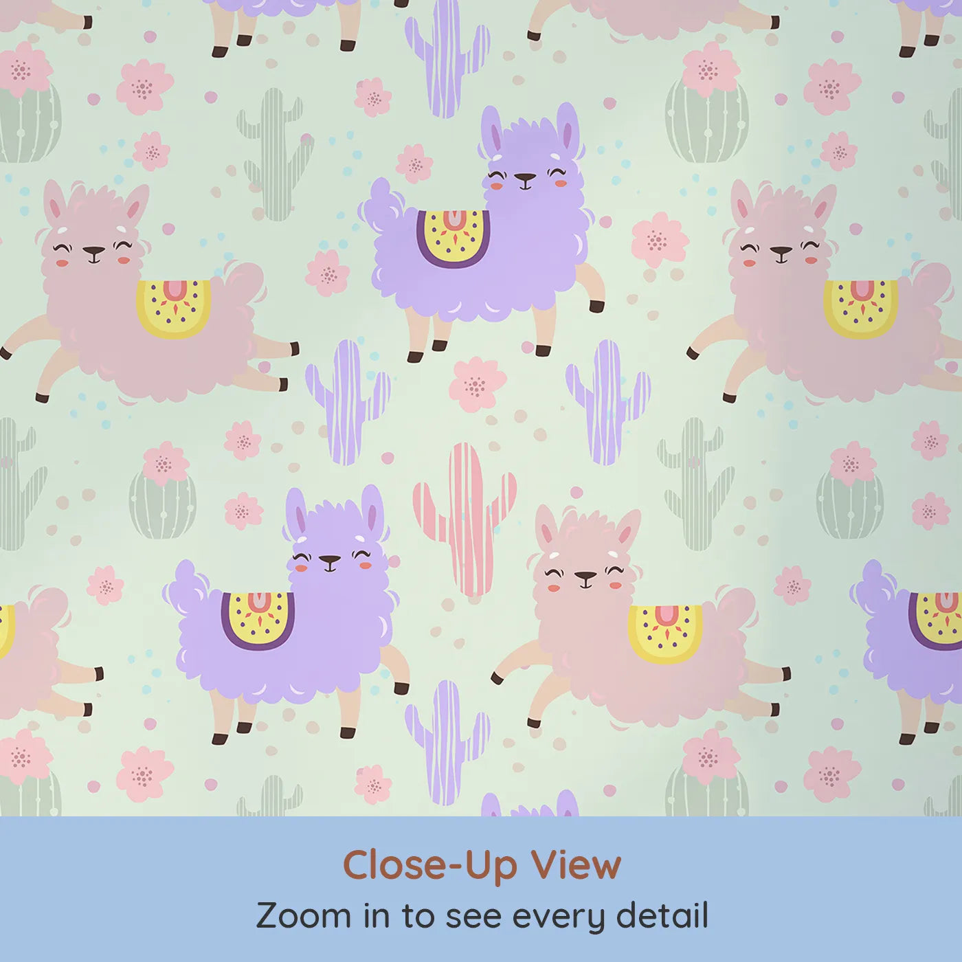 Close-up view of Whimsy Tots' Bouncing Llama Fiesta Wallpaper in Mint Green (W3174D).Smiling llamas and playful cactus pals fill the air with fiesta fun.