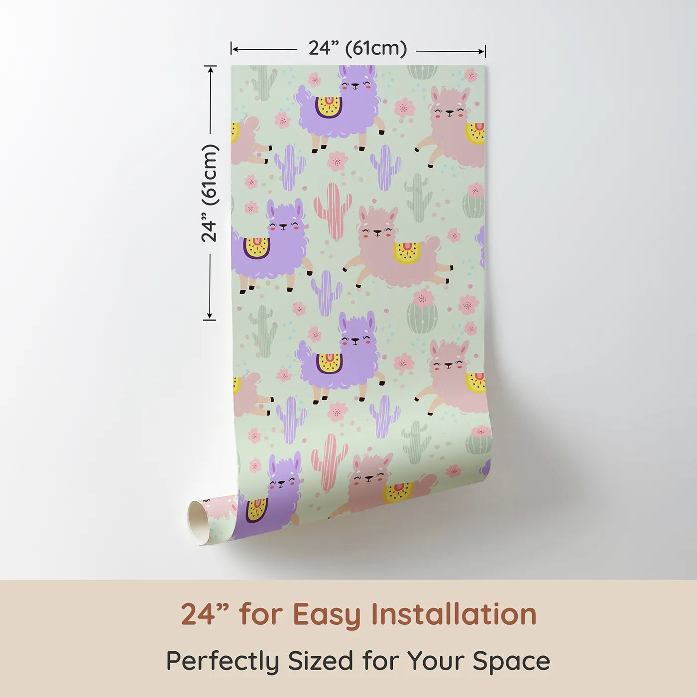 Dimension view of Whimsy Tots Bouncing Llama Fiesta Wallpaper in Mint Green (W3174D). Printed in 24-inch-wide panel for easy installation. Smiling llamas and playful cactus pals fill the air with fiesta fun.