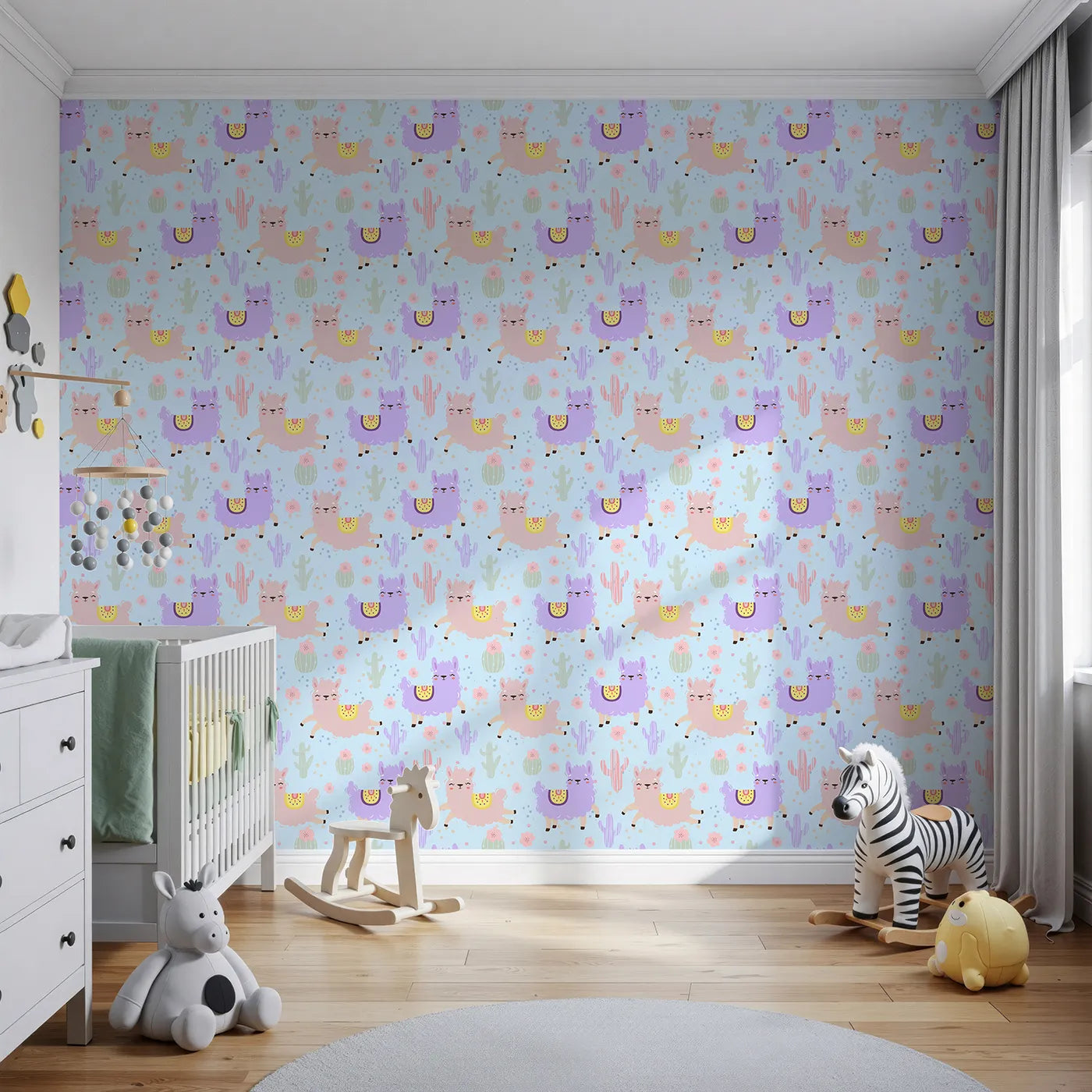 Front view of Whimsy Tots' Bouncing Llama Fiesta Wallpaper in Sky Blue