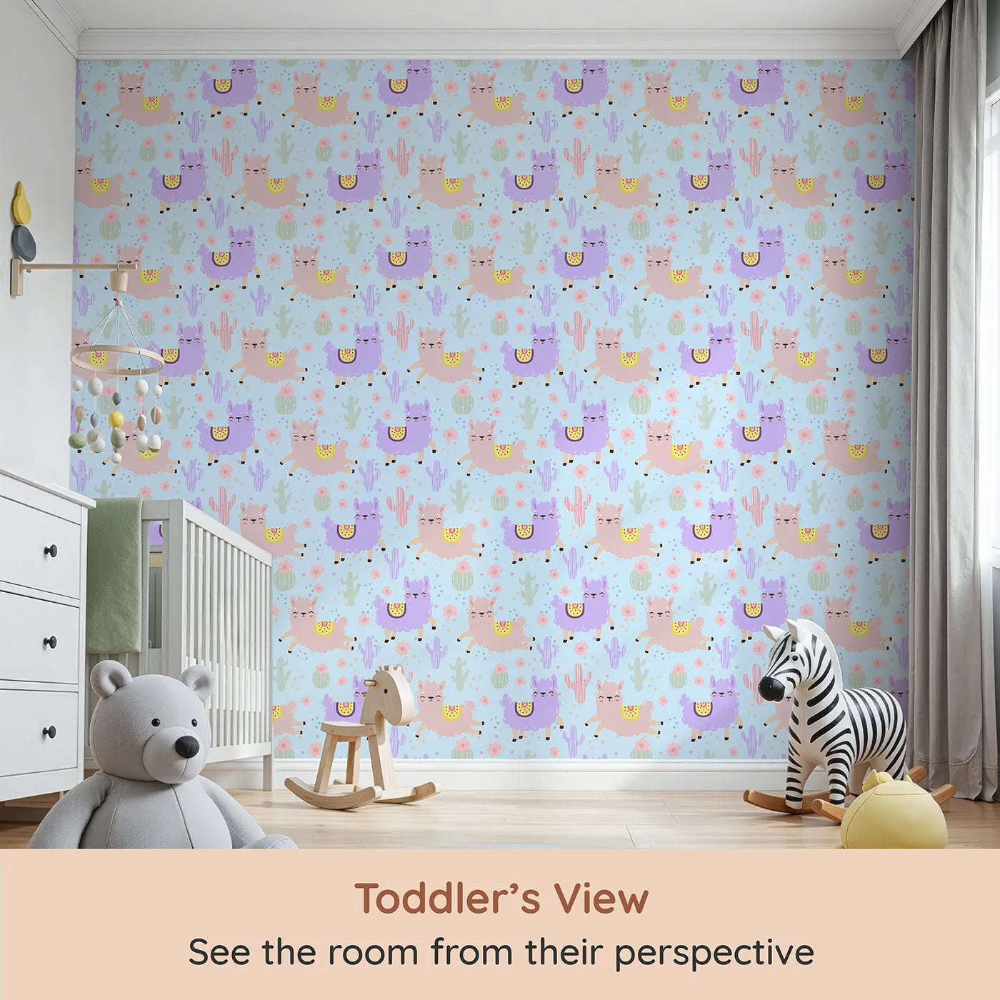 Whimsy Tots Bouncing Llama Fiesta Wallpaper in Sky Blue (W3174E) from your child's view.Smiling llamas and playful cactus pals fill the air with fiesta fun.