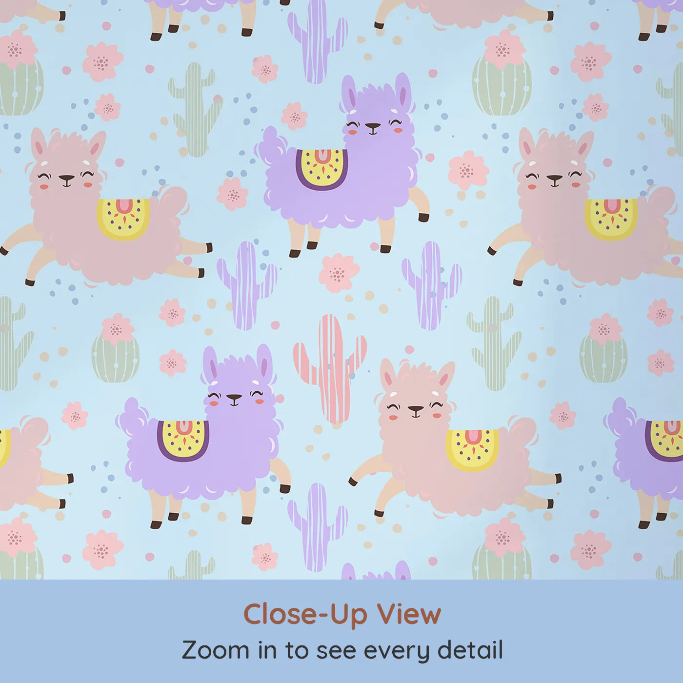 Close-up view of Whimsy Tots' Bouncing Llama Fiesta Wallpaper in Sky Blue (W3174E).Smiling llamas and playful cactus pals fill the air with fiesta fun.