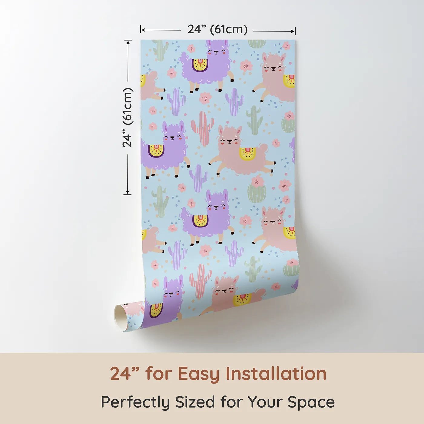 Dimension view of Whimsy Tots Bouncing Llama Fiesta Wallpaper in Sky Blue (W3174E). Printed in 24-inch-wide panel for easy installation. Smiling llamas and playful cactus pals fill the air with fiesta fun.