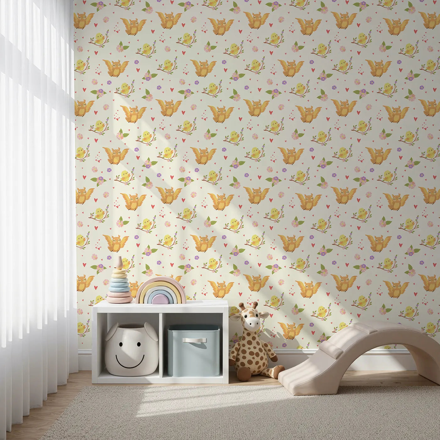 Front view of Whimsy Tots' Tweeting Lovebirds Wallpaper in Cream