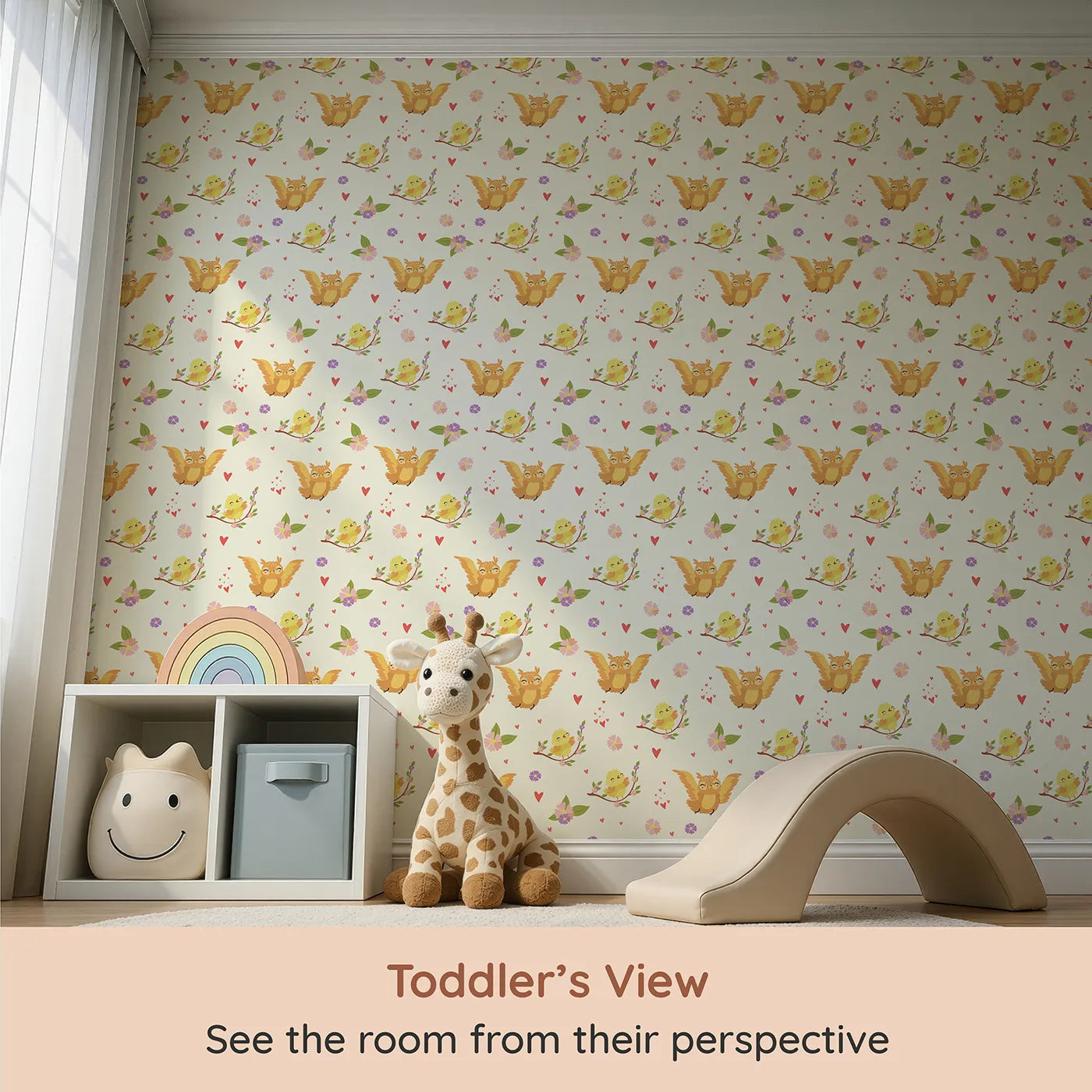 Whimsy Tots Tweeting Lovebirds Wallpaper in Cream (W3175A) from your child's view.Chirping friends and fluttery hearts bring gentle joy to every wall.