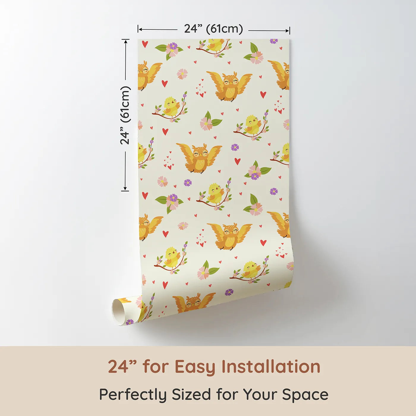 Dimension view of Whimsy Tots Tweeting Lovebirds Wallpaper in Cream (W3175A). Printed in 24-inch-wide panel for easy installation. Chirping friends and fluttery hearts bring gentle joy to every wall.