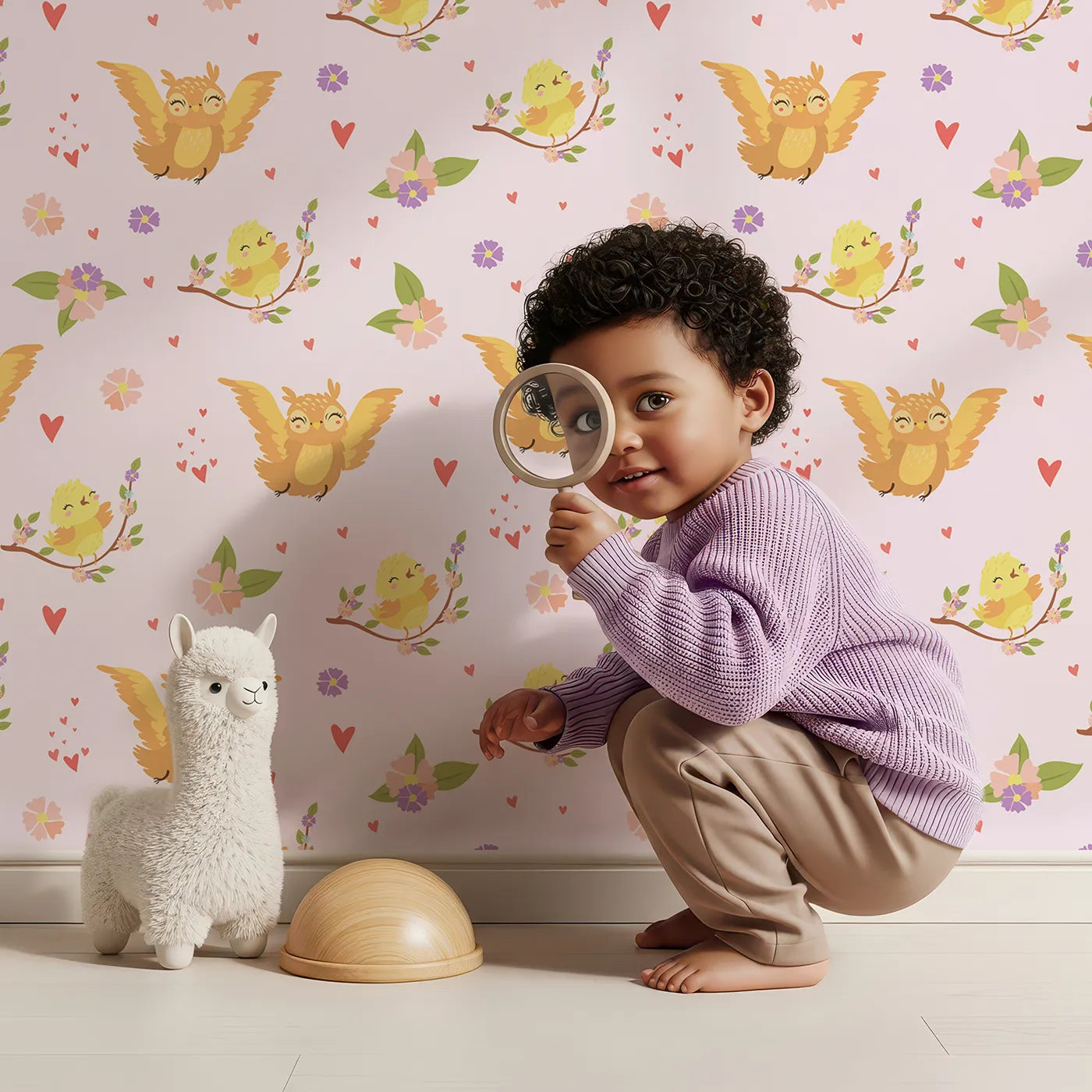 Lovely child standing in front of Whimsy Tots Tweeting Lovebirds Wallpaper in Pink with bird, owl, flower, heart, branch in design.