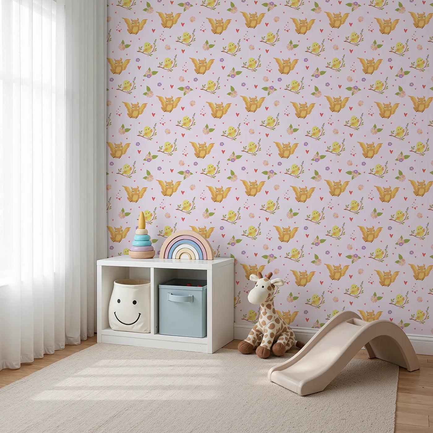 Angled view of Whimsy Tots' Tweeting Lovebirds Wallpaper in Pink (W3175B).Chirping friends and fluttery hearts bring gentle joy to every wall.