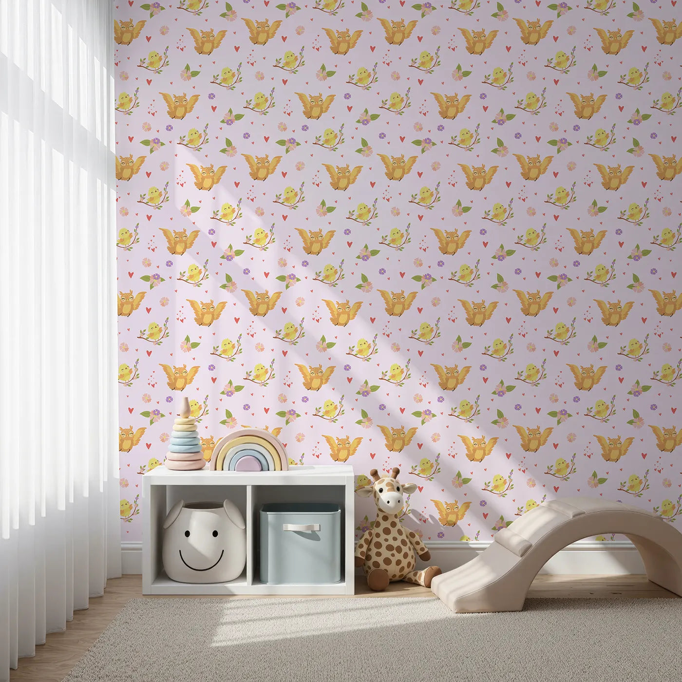 Front view of Whimsy Tots' Tweeting Lovebirds Wallpaper in Pink