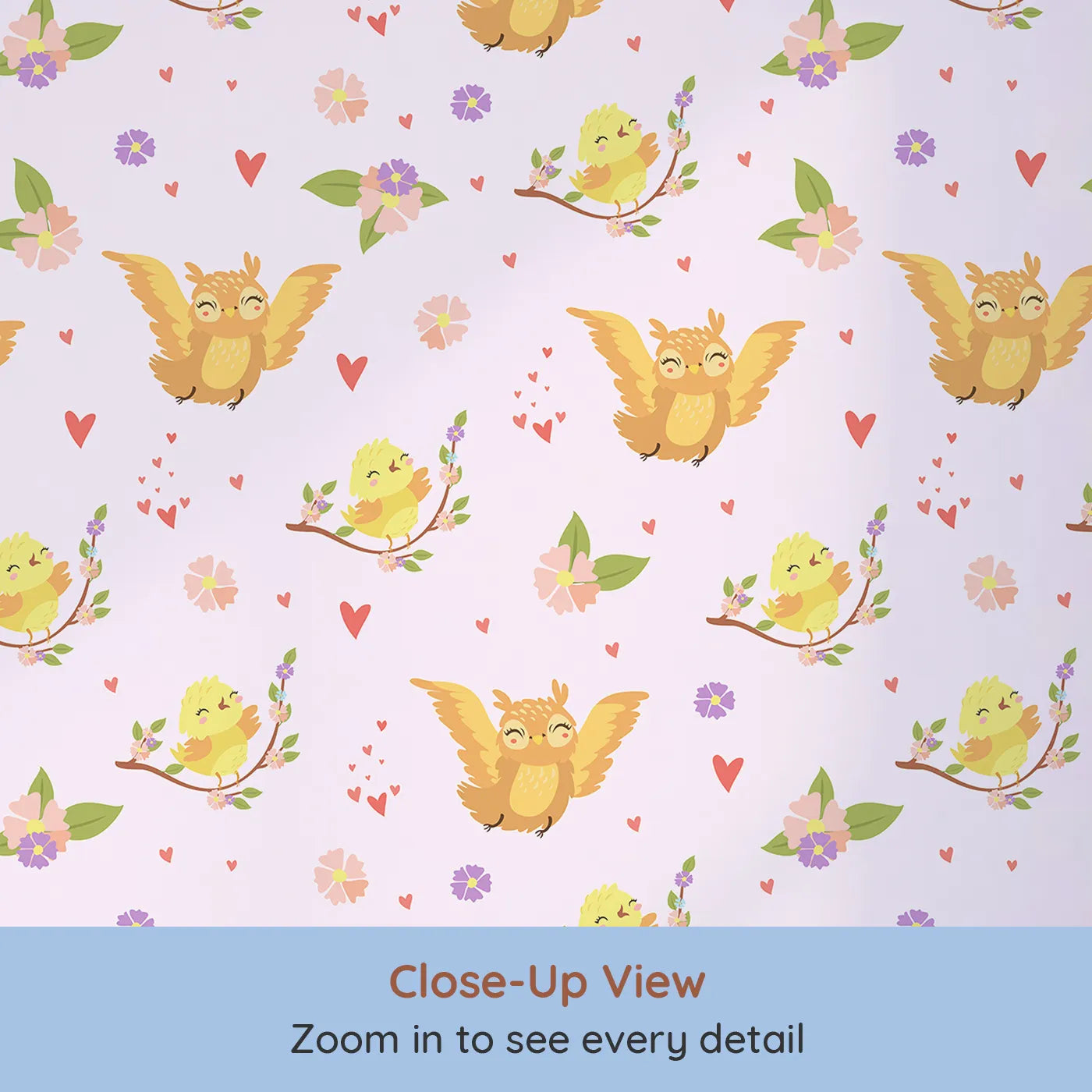 Close-up view of Whimsy Tots' Tweeting Lovebirds Wallpaper in Pink (W3175B).Chirping friends and fluttery hearts bring gentle joy to every wall.