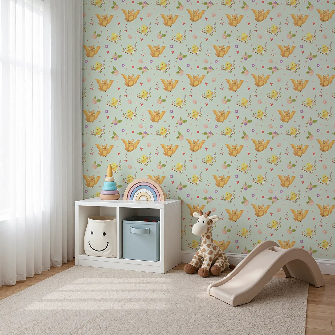 Angled view of Whimsy Tots' Tweeting Lovebirds Wallpaper in Mint Green (W3175C).Chirping friends and fluttery hearts bring gentle joy to every wall.