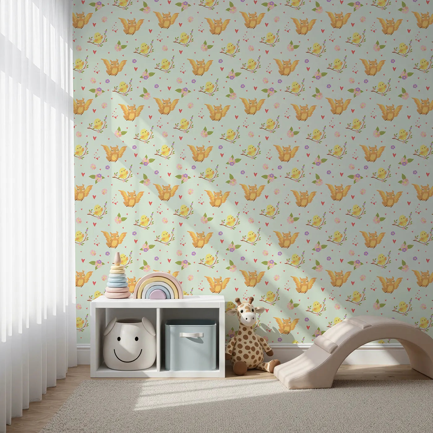 Front view of Whimsy Tots' Tweeting Lovebirds Wallpaper in Mint Green