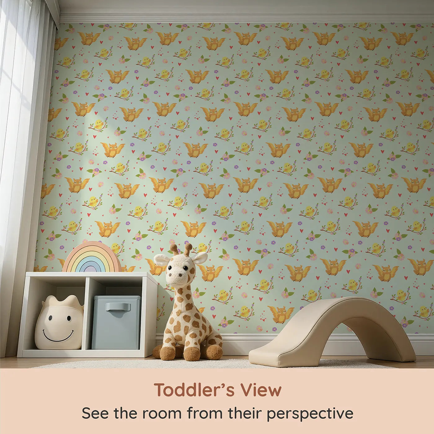 Whimsy Tots Tweeting Lovebirds Wallpaper in Mint Green (W3175C) from your child's view.Chirping friends and fluttery hearts bring gentle joy to every wall.