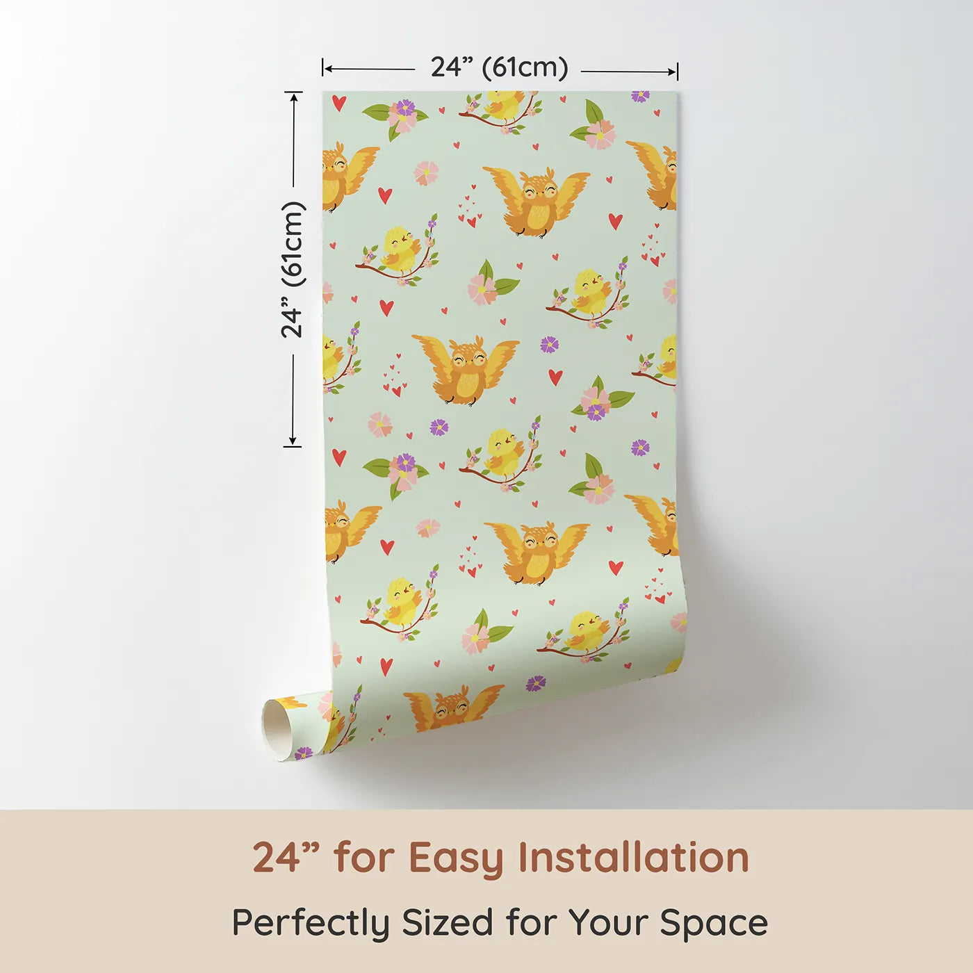 Dimension view of Whimsy Tots Tweeting Lovebirds Wallpaper in Mint Green (W3175C). Printed in 24-inch-wide panel for easy installation. Chirping friends and fluttery hearts bring gentle joy to every wall.