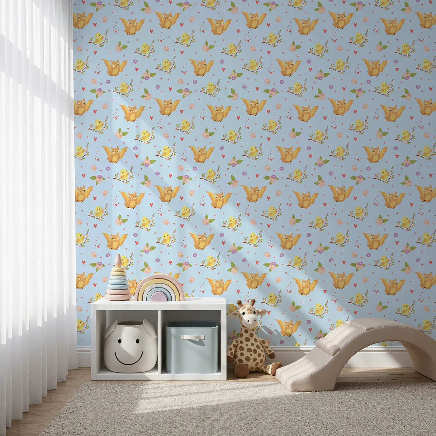 Front view of Whimsy Tots' Tweeting Lovebirds Wallpaper in Blue