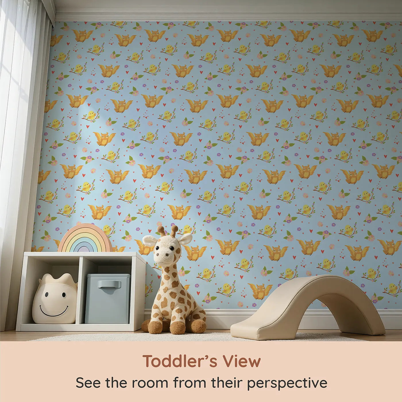 Whimsy Tots Tweeting Lovebirds Wallpaper in Blue (W3175D) from your child's view.Chirping friends and fluttery hearts bring gentle joy to every wall.