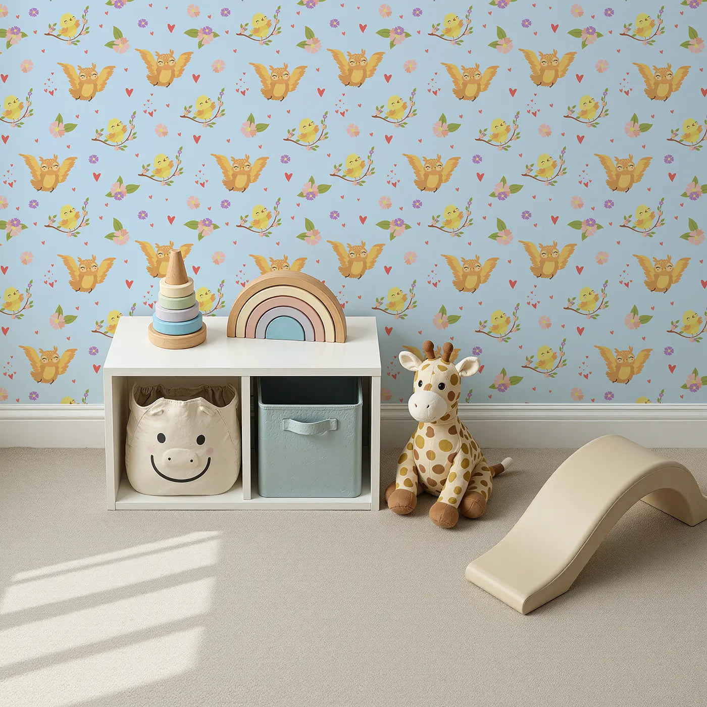 Top-Down view of Whimsy Tots' Tweeting Lovebirds Wallpaper in Blue (W3175D).Chirping friends and fluttery hearts bring gentle joy to every wall.
