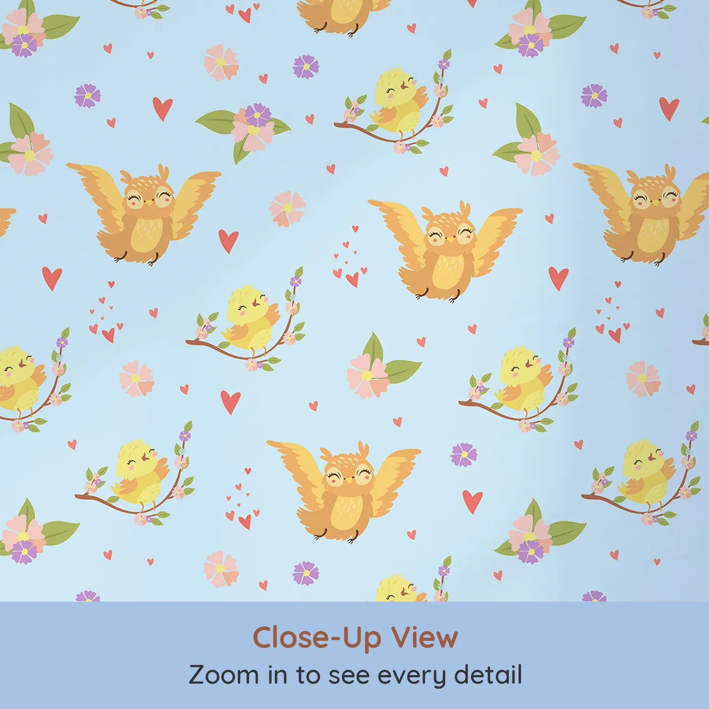 Close-up view of Whimsy Tots' Tweeting Lovebirds Wallpaper in Blue (W3175D).Chirping friends and fluttery hearts bring gentle joy to every wall.