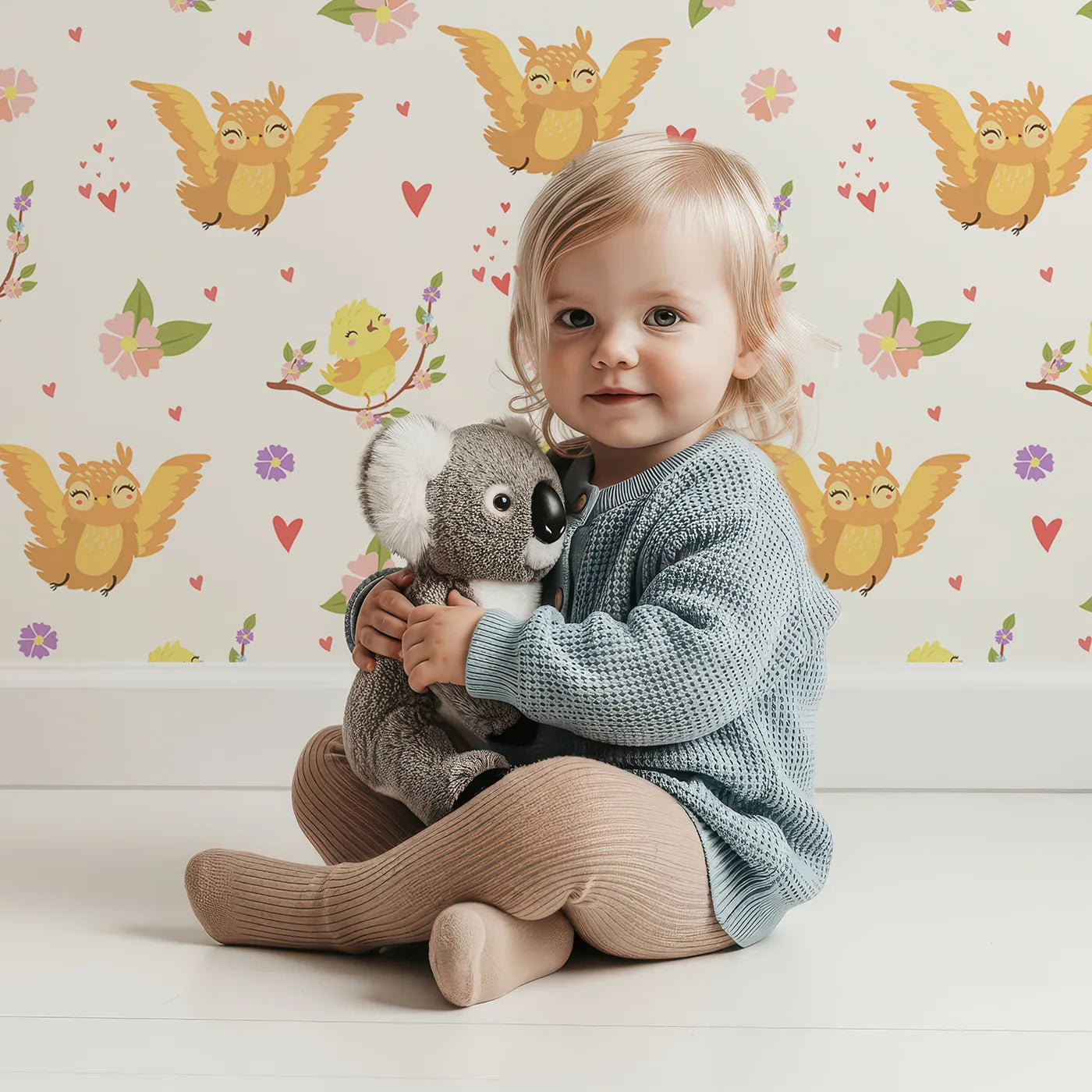 Lovely child standing in front of Whimsy Tots Tweeting Lovebirds Wallpaper in Soft White with bird, owl, flower, heart, branch in design.