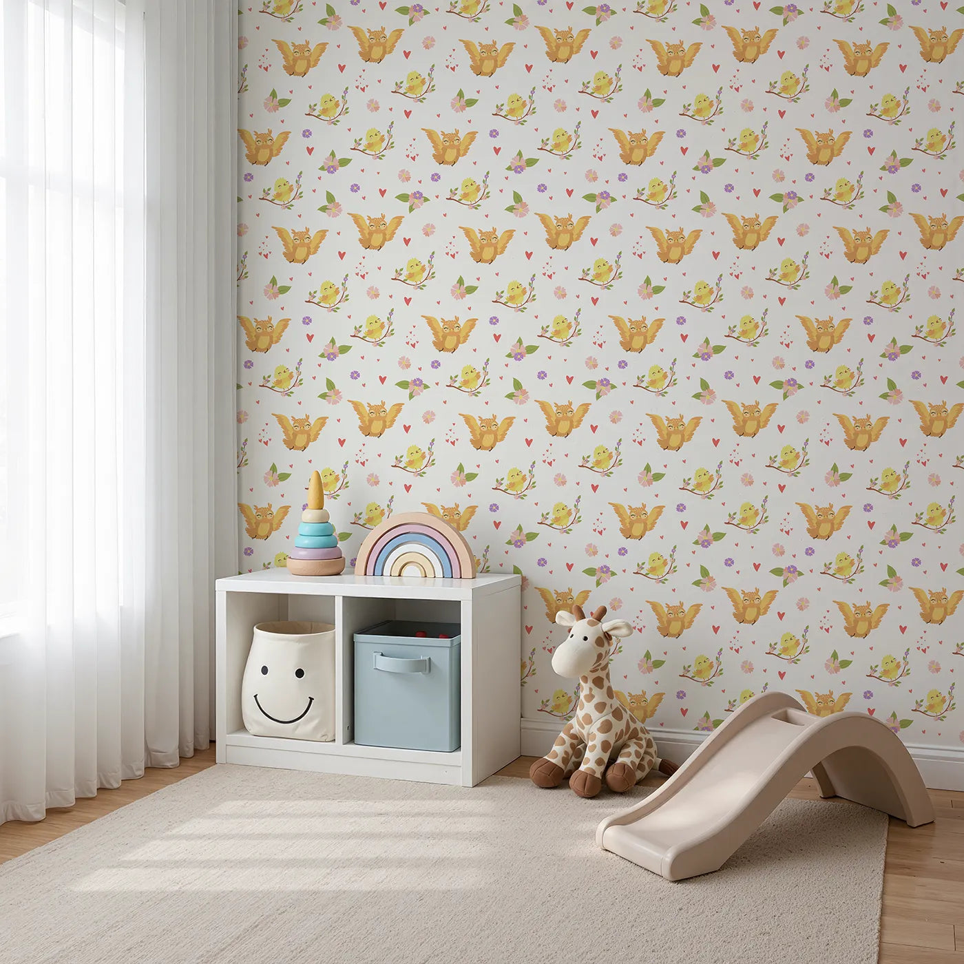 Angled view of Whimsy Tots' Tweeting Lovebirds Wallpaper in Soft White (W3175E).Chirping friends and fluttery hearts bring gentle joy to every wall.