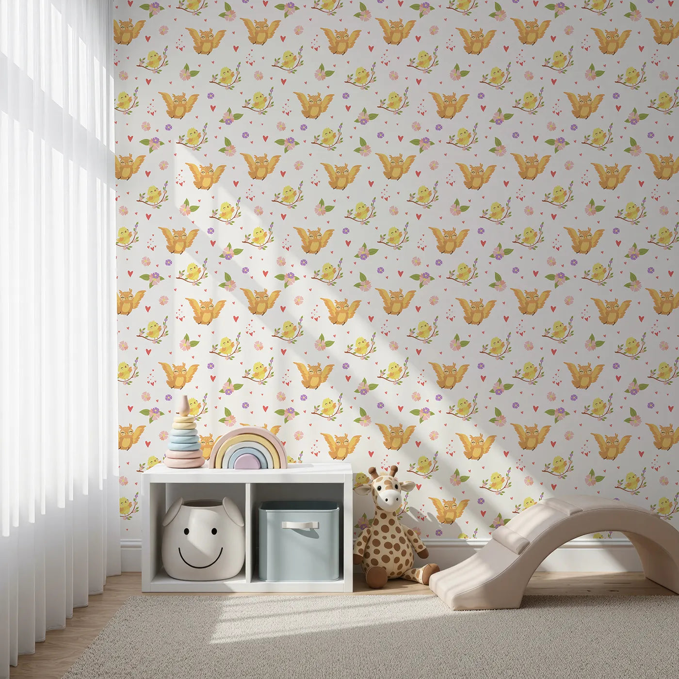 Front view of Whimsy Tots' Tweeting Lovebirds Wallpaper in Soft White
