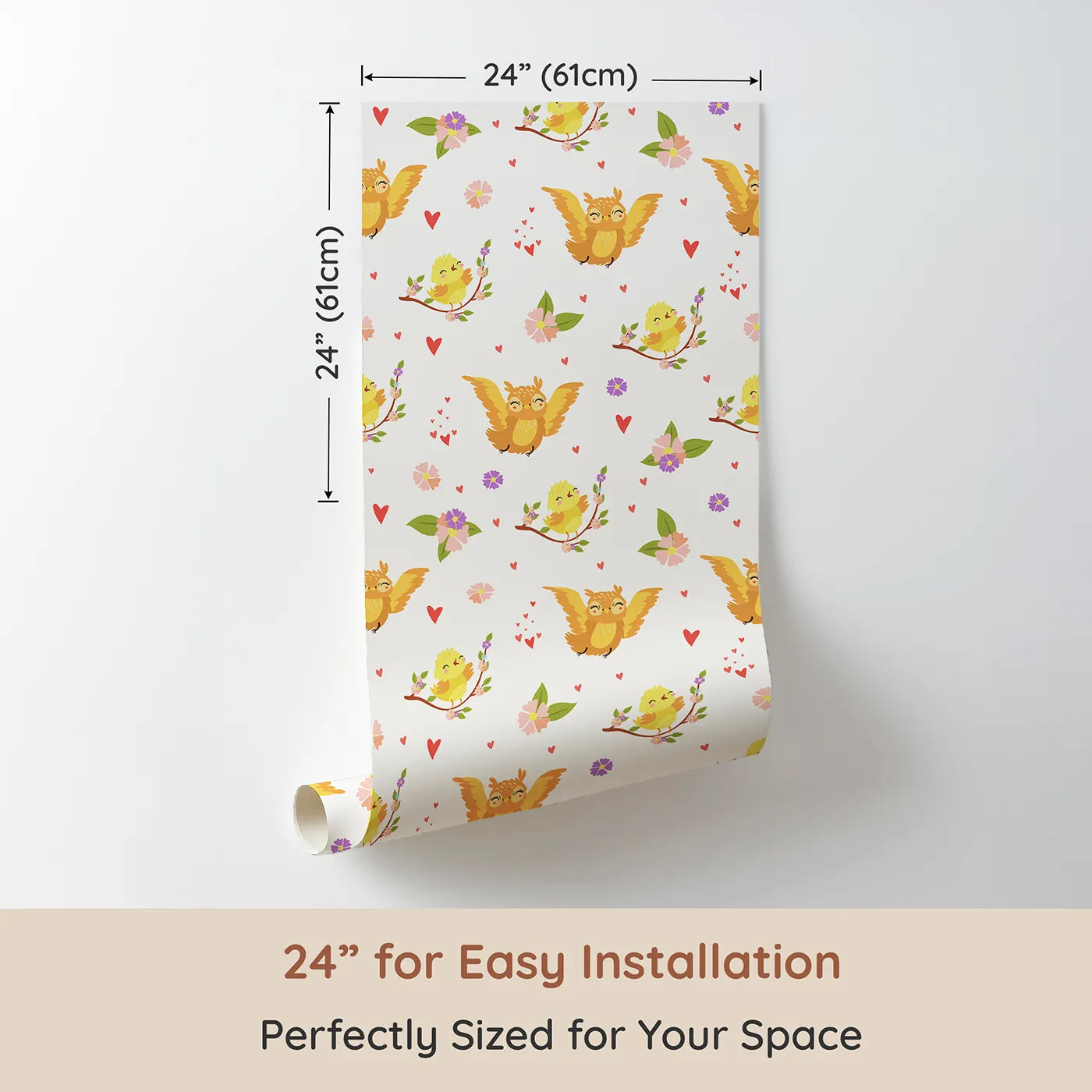 Dimension view of Whimsy Tots Tweeting Lovebirds Wallpaper in Soft White (W3175E). Printed in 24-inch-wide panel for easy installation. Chirping friends and fluttery hearts bring gentle joy to every wall.