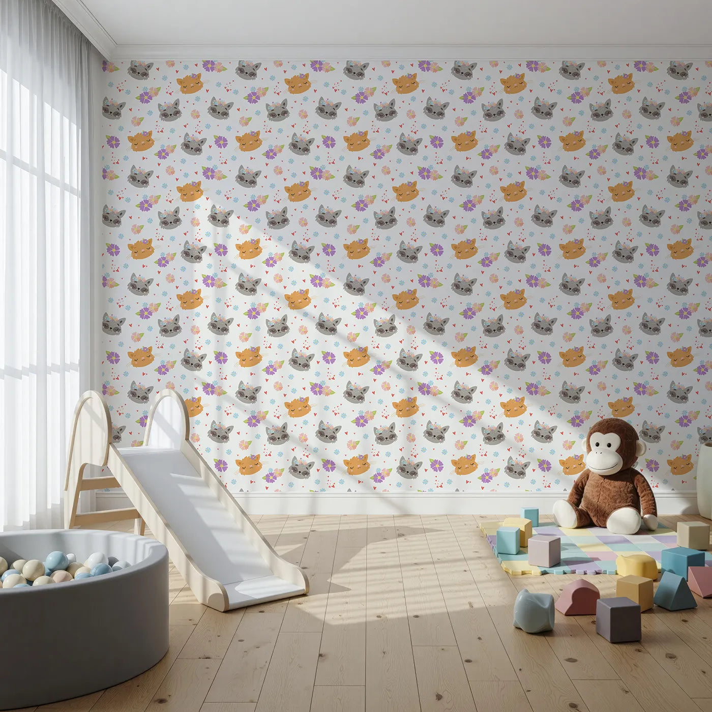 Front view of Whimsy Tots' Meadow Snuggle Faces Wallpaper in White