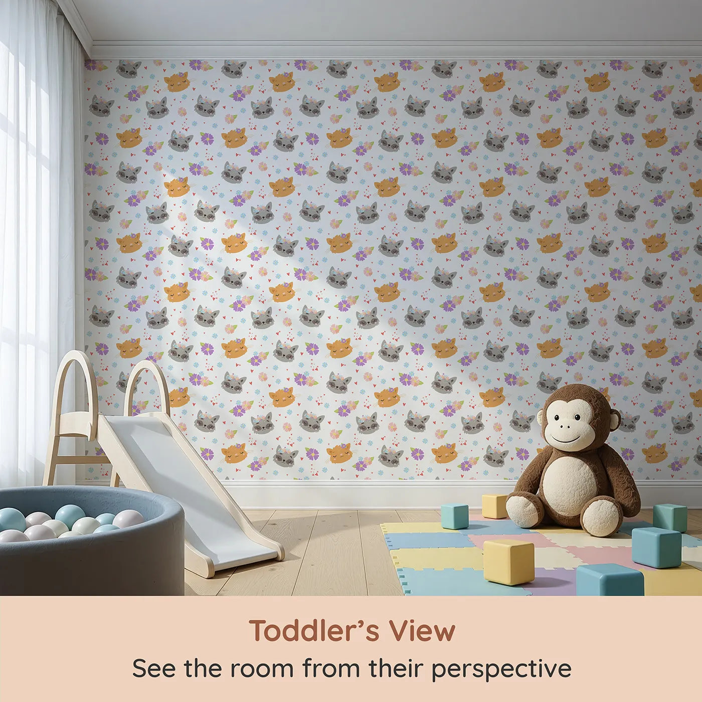 Whimsy Tots Meadow Snuggle Faces Wallpaper in White (W3176A) from your child's view.Gentle animal faces bloom with love among soft petals and hearts.