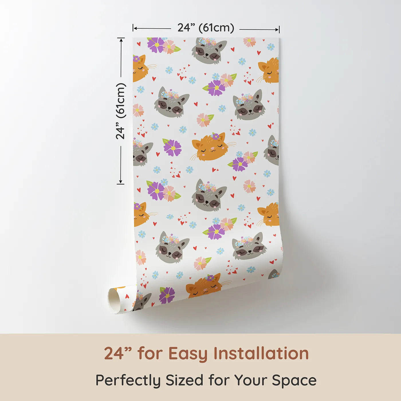 Dimension view of Whimsy Tots Meadow Snuggle Faces Wallpaper in White (W3176A). Printed in 24-inch-wide panel for easy installation. Gentle animal faces bloom with love among soft petals and hearts.