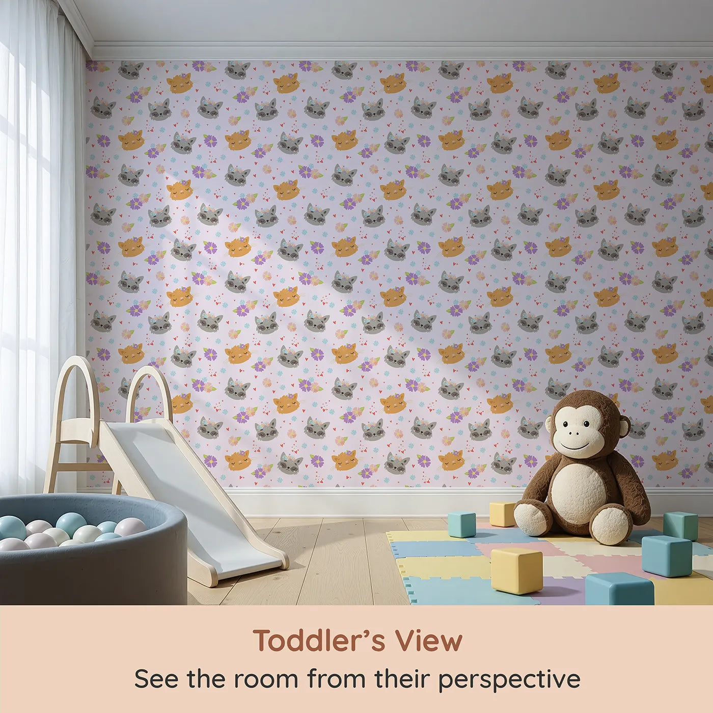 Whimsy Tots Meadow Snuggle Faces Wallpaper in Pink (W3176B) from your child's view.Gentle animal faces bloom with love among soft petals and hearts.