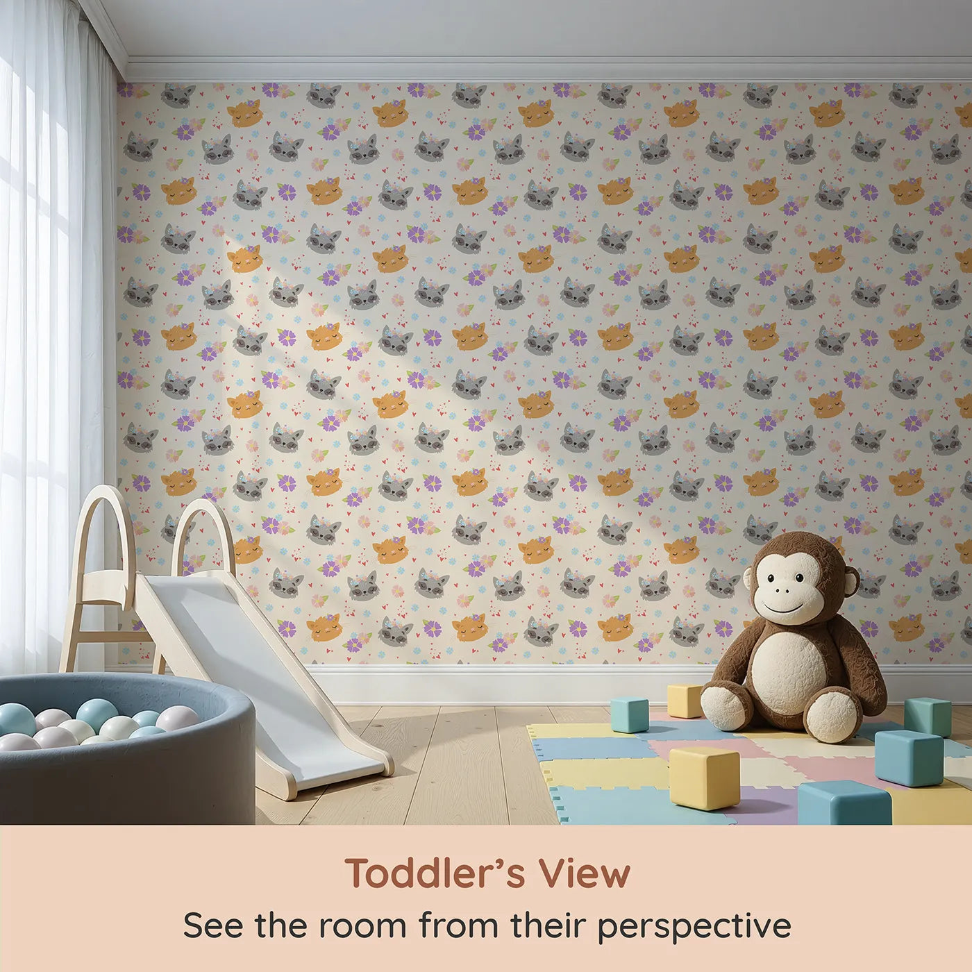 Whimsy Tots Meadow Snuggle Faces Wallpaper in Cream (W3176C) from your child's view.Gentle animal faces bloom with love among soft petals and hearts.