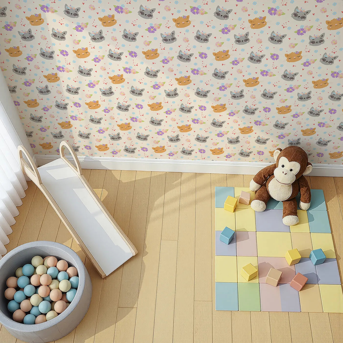 Top-Down view of Whimsy Tots' Meadow Snuggle Faces Wallpaper in Cream (W3176C).Gentle animal faces bloom with love among soft petals and hearts.