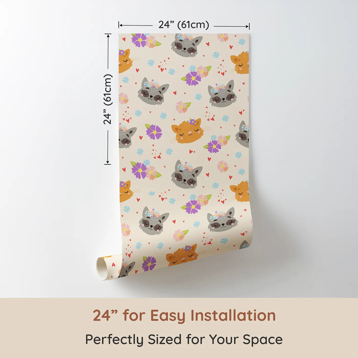 Dimension view of Whimsy Tots Meadow Snuggle Faces Wallpaper in Cream (W3176C). Printed in 24-inch-wide panel for easy installation. Gentle animal faces bloom with love among soft petals and hearts.